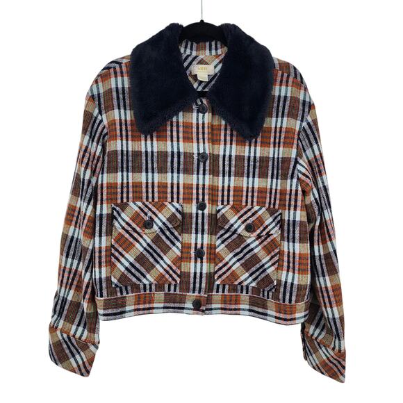 Anthropologie Maeve Retro Plaid Trucker Jacket Faux Fur Collar Size Medium - Picture 1 of 6